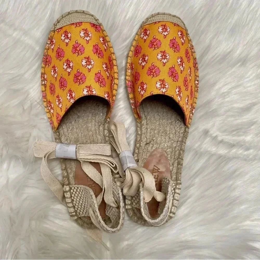 J.Crew Factory Printed Canvas Ankle Wrap Espadrille Sandals Orange Floral 8